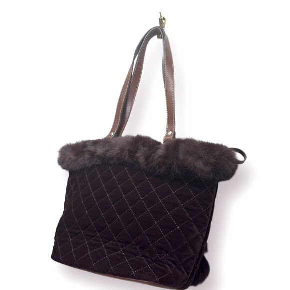 Y2k Fur Trim Quilted Brown Bag Purse Custom Cozy Chic Old Money Elegant Winter - Picture 5 of 12